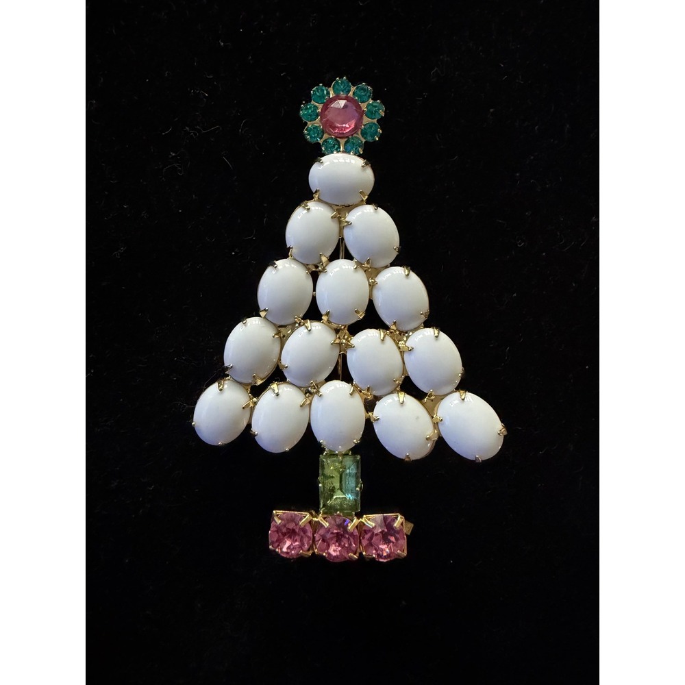 Vintage Christmas Tree Pin White Pink Green